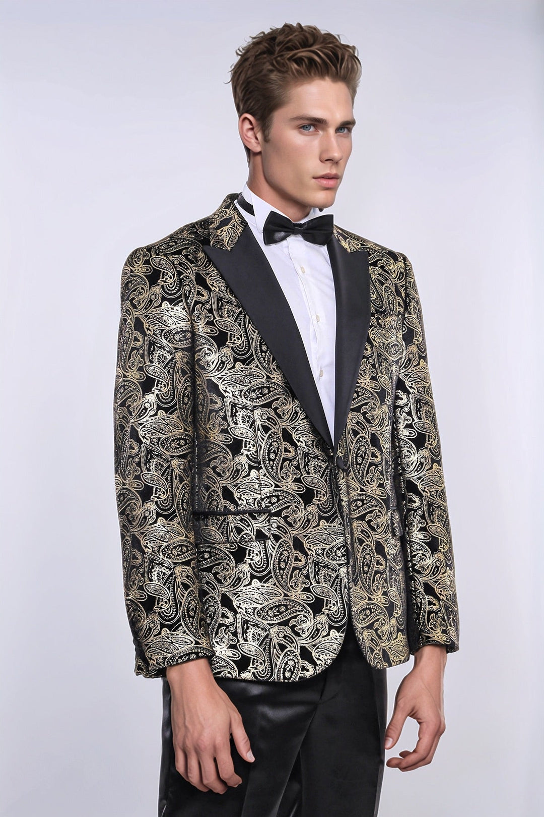 WSS Slim Fit Gold Paisley Patterned Black Men Tuxedo Blazer  - Dewsbury