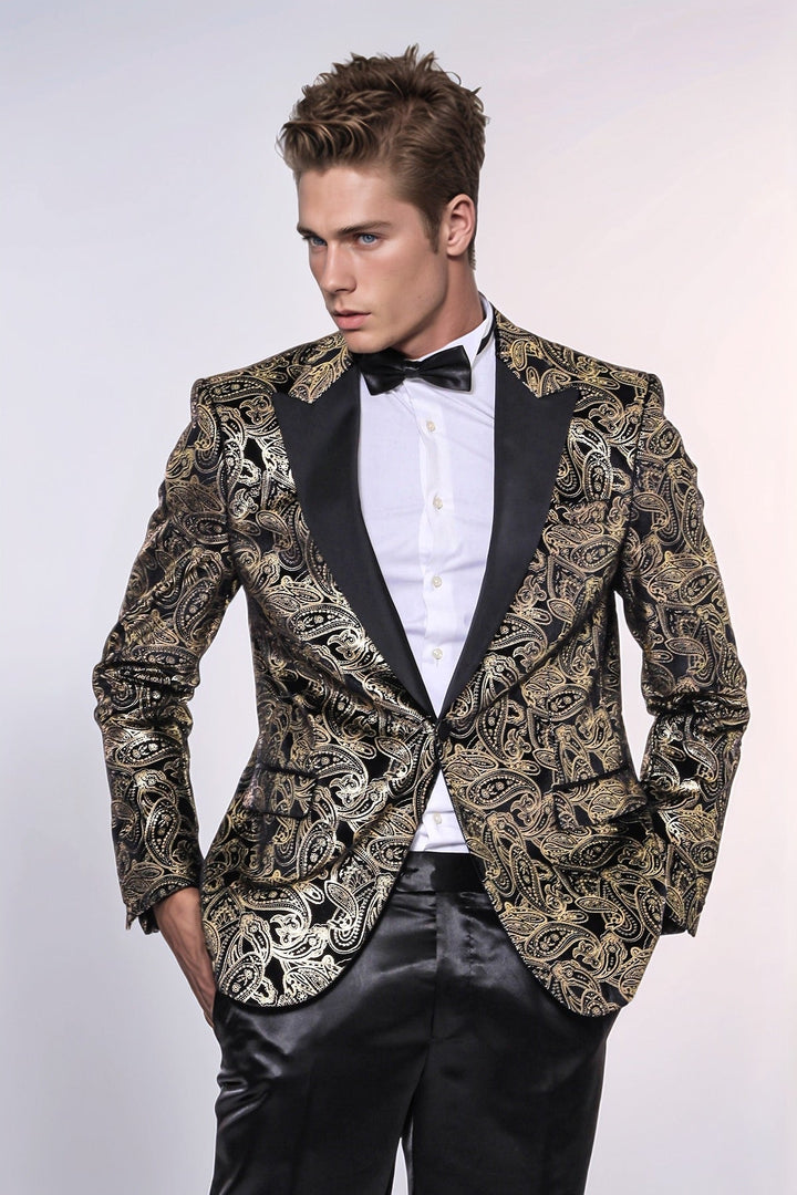 WSS Slim Fit Gold Paisley Patterned Black Men Tuxedo Blazer  - Dewsbury