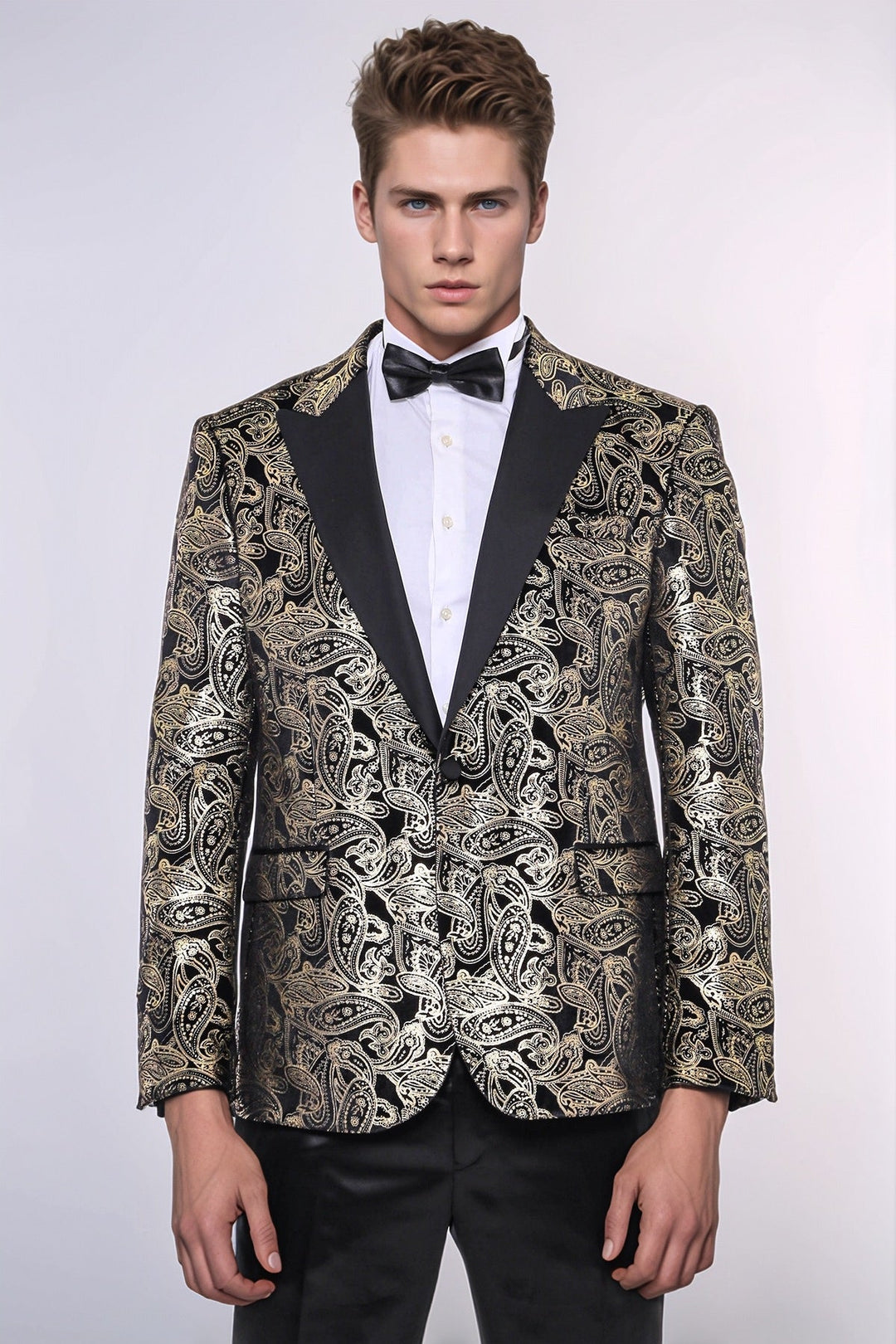 WSS Slim Fit Gold Paisley Patterned Black Men Tuxedo Blazer  - Dewsbury