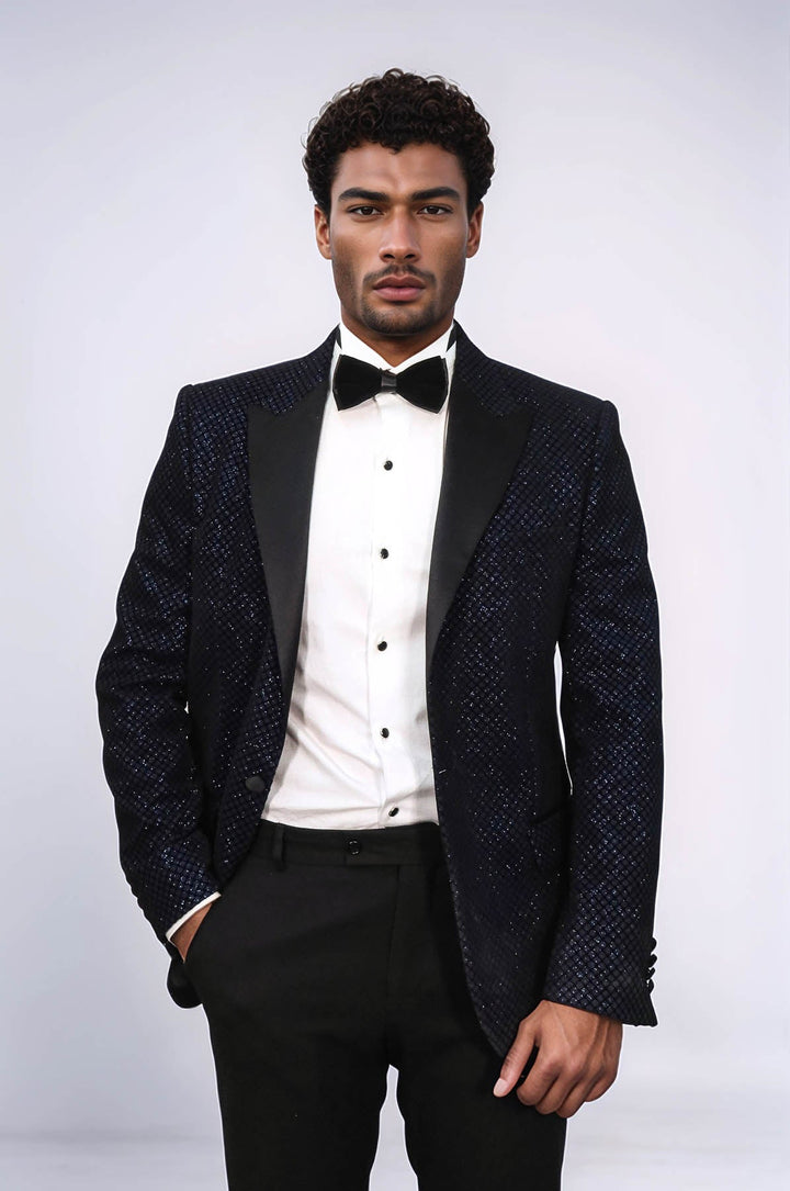 WSS Black Patterned Over Navy Blue Men Party Blazer  - Ciudad General Escobedo
