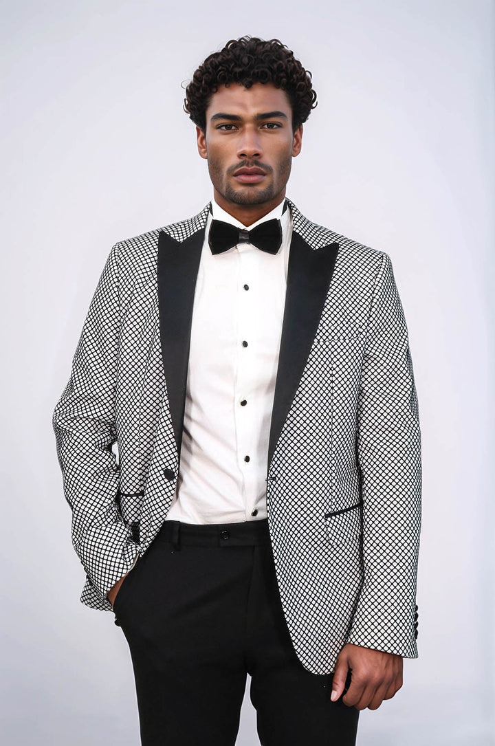 WSS Black Patterned Over White Men Party Blazer  - Petrel