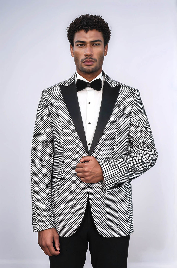 WSS Black Patterned Over White Men Party Blazer  - Petrel