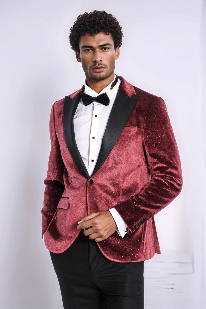 WSS Slim Fit Velvet Burgundy Men Sparkle Tuxedo Jacket  - Denia