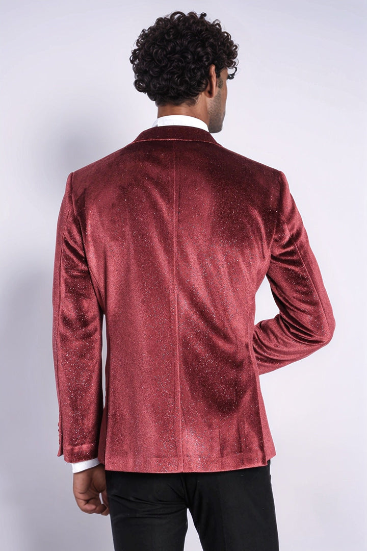 WSS Slim Fit Velvet Burgundy Men Sparkle Tuxedo Jacket  - Denia