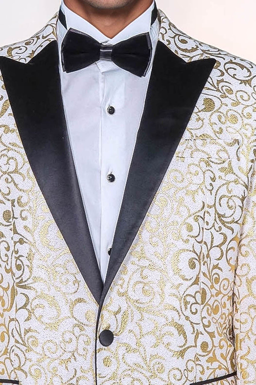WSS Gold Scroll Patterned Over White Men Wedding Tuxedo Jacket  - Augusta
