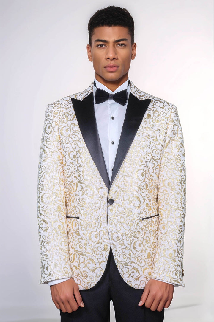 WSS Gold Scroll Patterned Over White Men Wedding Tuxedo Jacket  - Augusta
