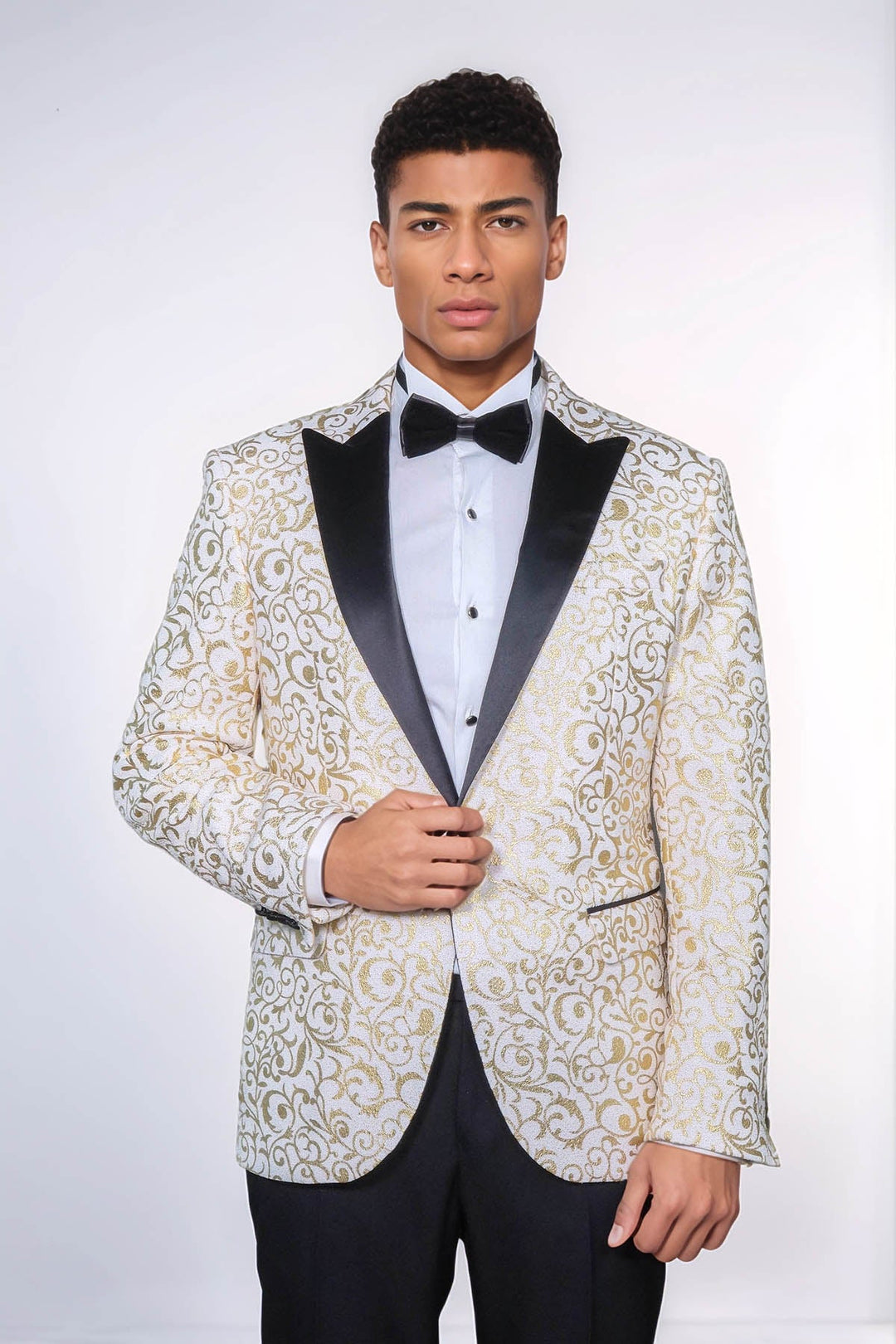 WSS Gold Scroll Patterned Over White Men Wedding Tuxedo Jacket  - Augusta