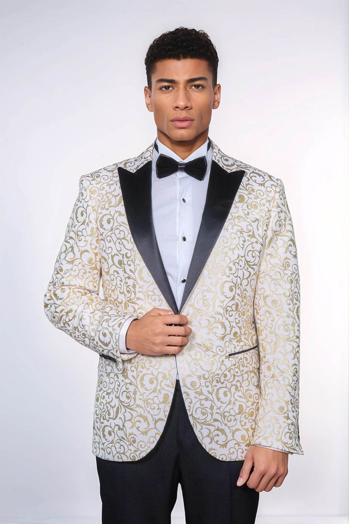 WSS Gold Scroll Patterned Over White Men Wedding Tuxedo Jacket  - Augusta
