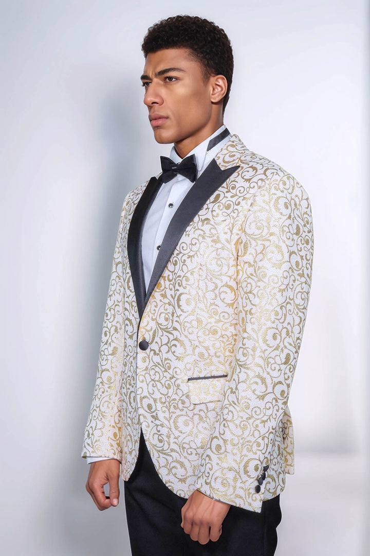 WSS Gold Scroll Patterned Over White Men Wedding Tuxedo Jacket  - Augusta