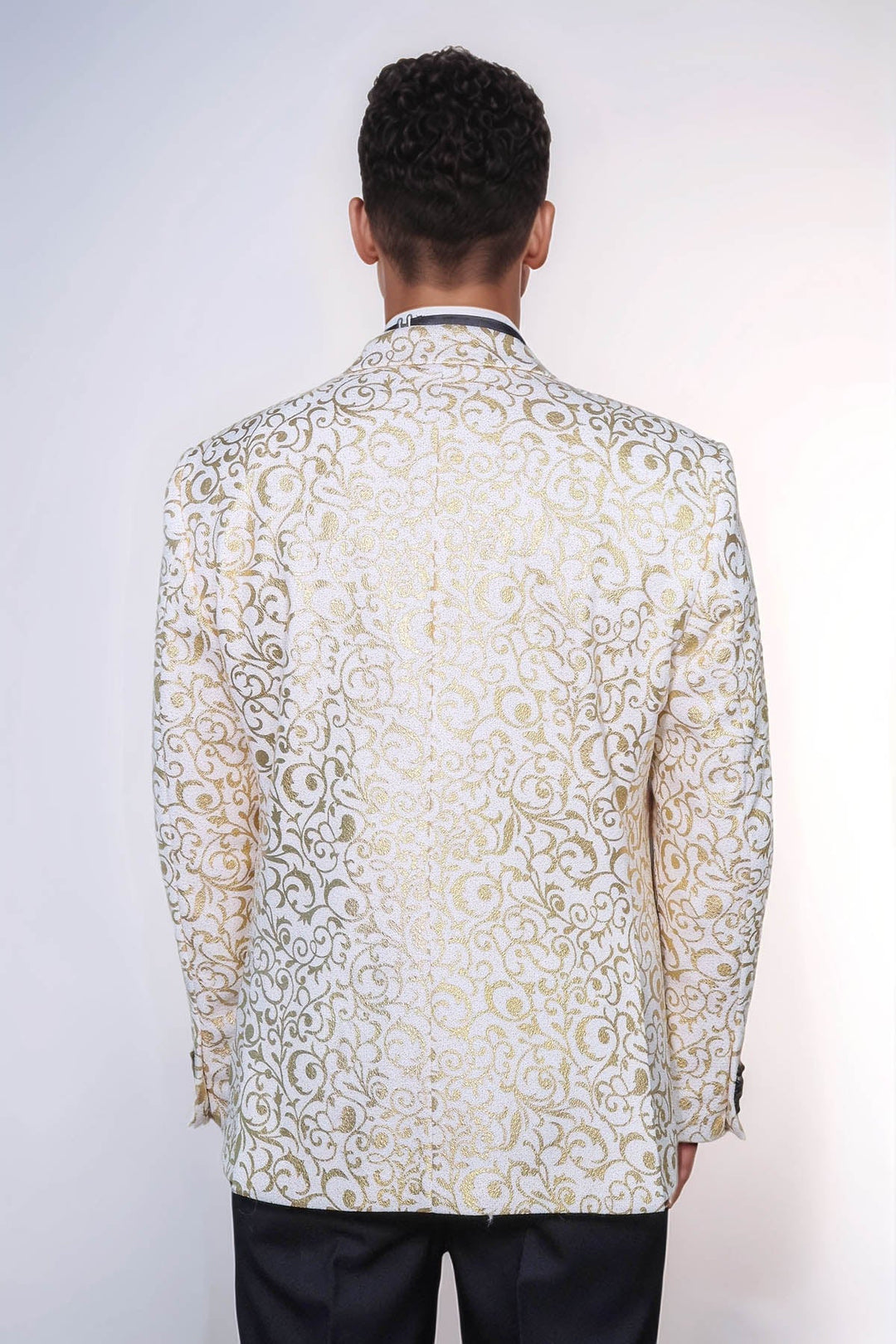 WSS Gold Scroll Patterned Over White Men Wedding Tuxedo Jacket  - Augusta