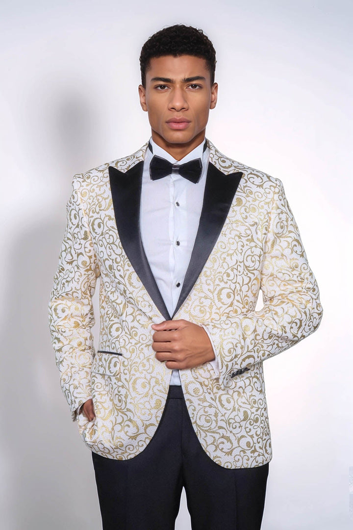 WSS Gold Scroll Patterned Over White Men Wedding Tuxedo Jacket  - Augusta