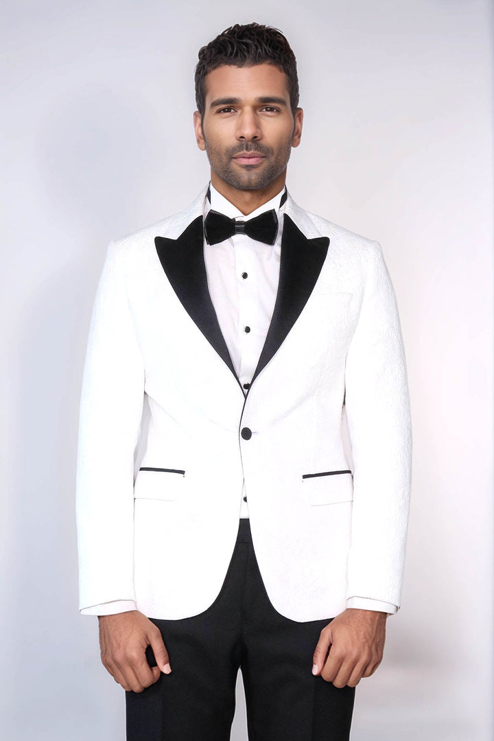 WSS Black Peak Lapel Textured Fabric Men's Royal White Tuxedo Jacket  - Le Mans