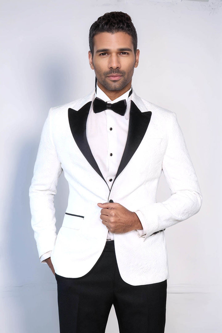 WSS Black Peak Lapel Textured Fabric Men's Royal White Tuxedo Jacket  - Le Mans