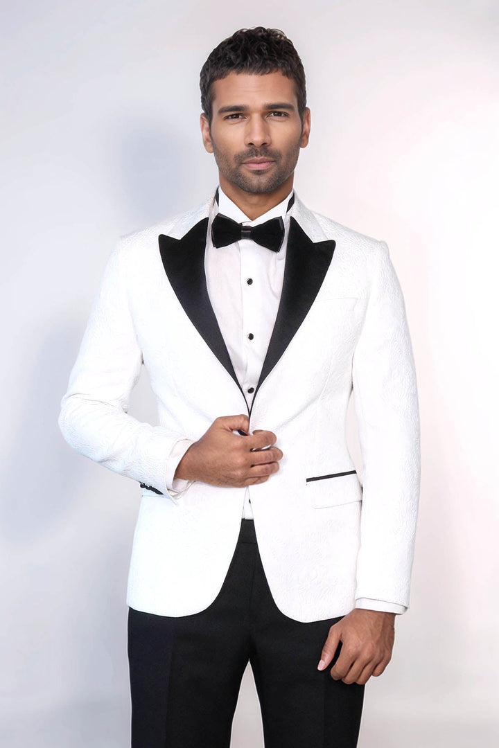 WSS Black Peak Lapel Textured Fabric Men's Royal White Tuxedo Jacket  - Le Mans