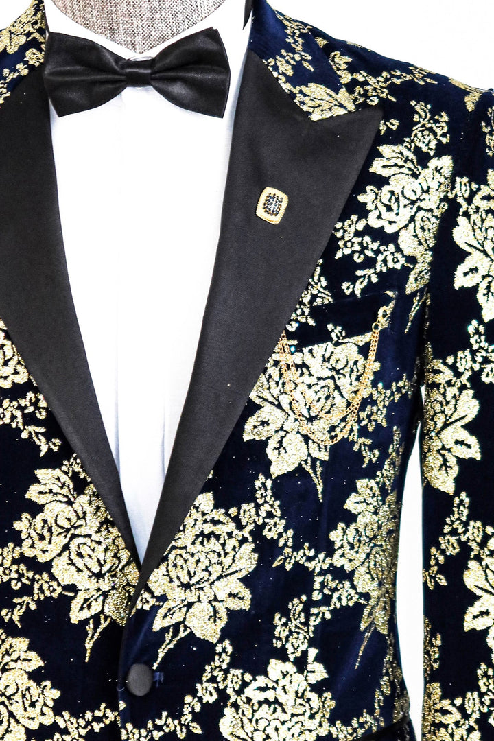 WSS Gold Floral Patterned Navy Blue Men Prom Blazer  - Singen