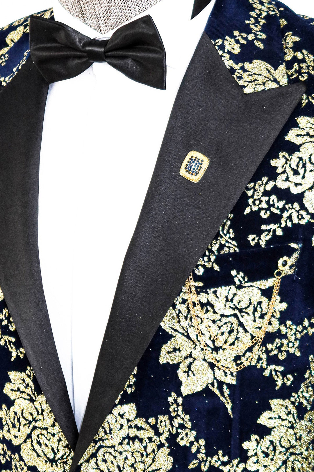 WSS Gold Floral Patterned Navy Blue Men Prom Blazer  - Singen