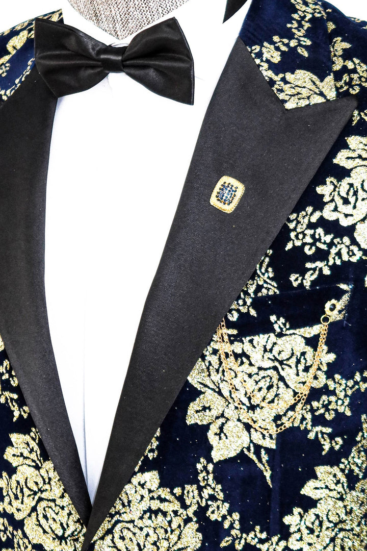 WSS Gold Floral Patterned Navy Blue Men Prom Blazer  - Singen