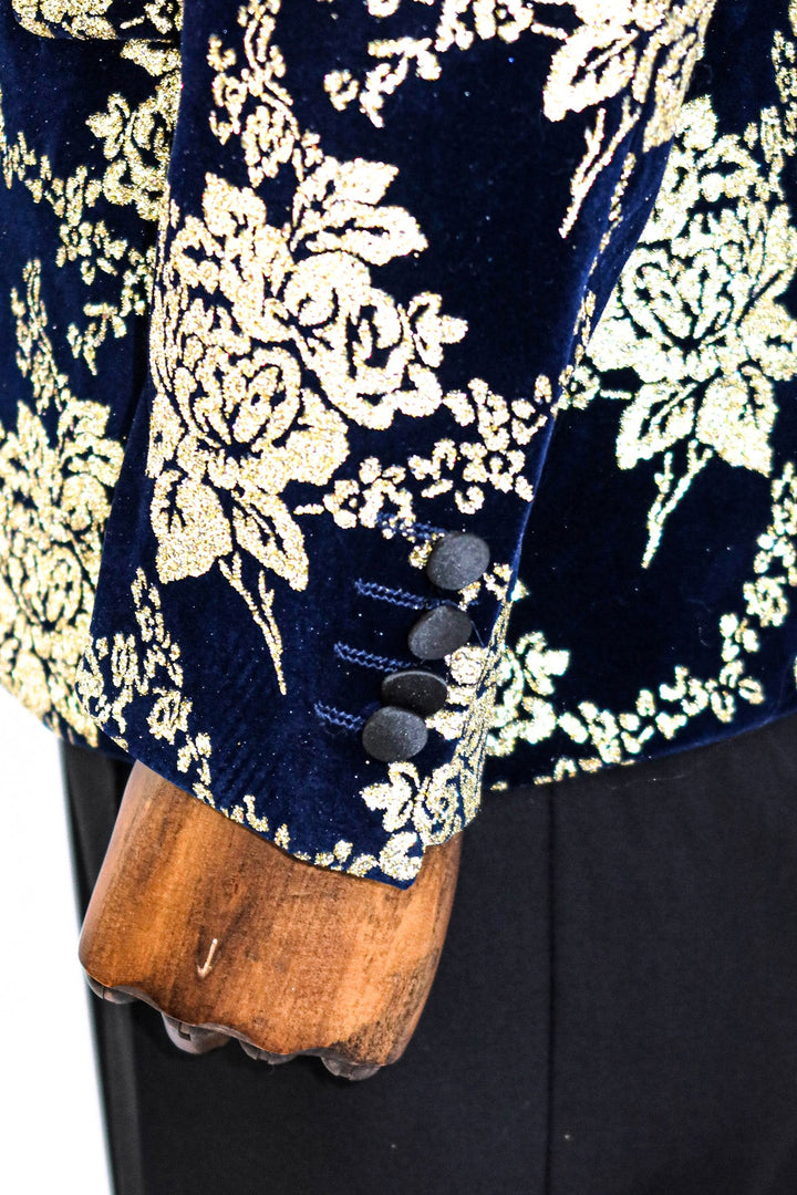 WSS Gold Floral Patterned Navy Blue Men Prom Blazer  - Singen