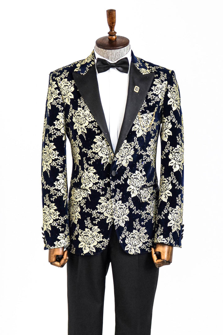 WSS Gold Floral Patterned Navy Blue Men Prom Blazer  - Singen