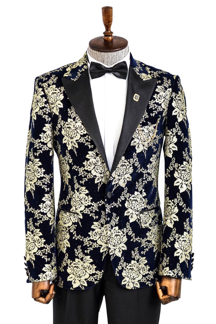 WSS Gold Floral Patterned Navy Blue Men Prom Blazer  - Singen