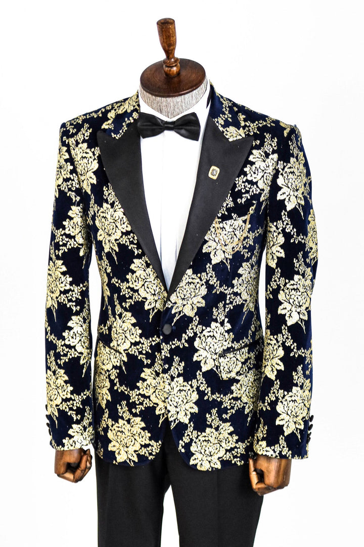WSS Gold Floral Patterned Navy Blue Men Prom Blazer  - Singen