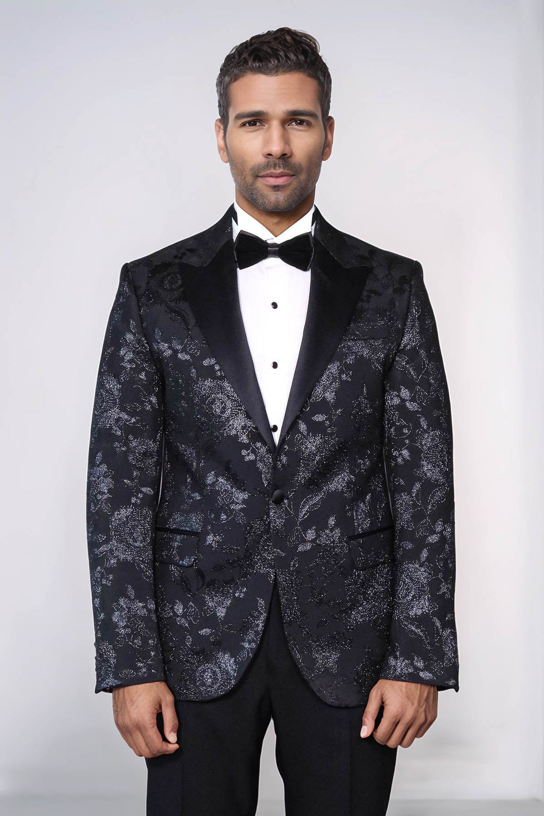 WSS Floral Patterned Shiny Peak Lapel Black Men Dinner Jacket   - Virginia Beach