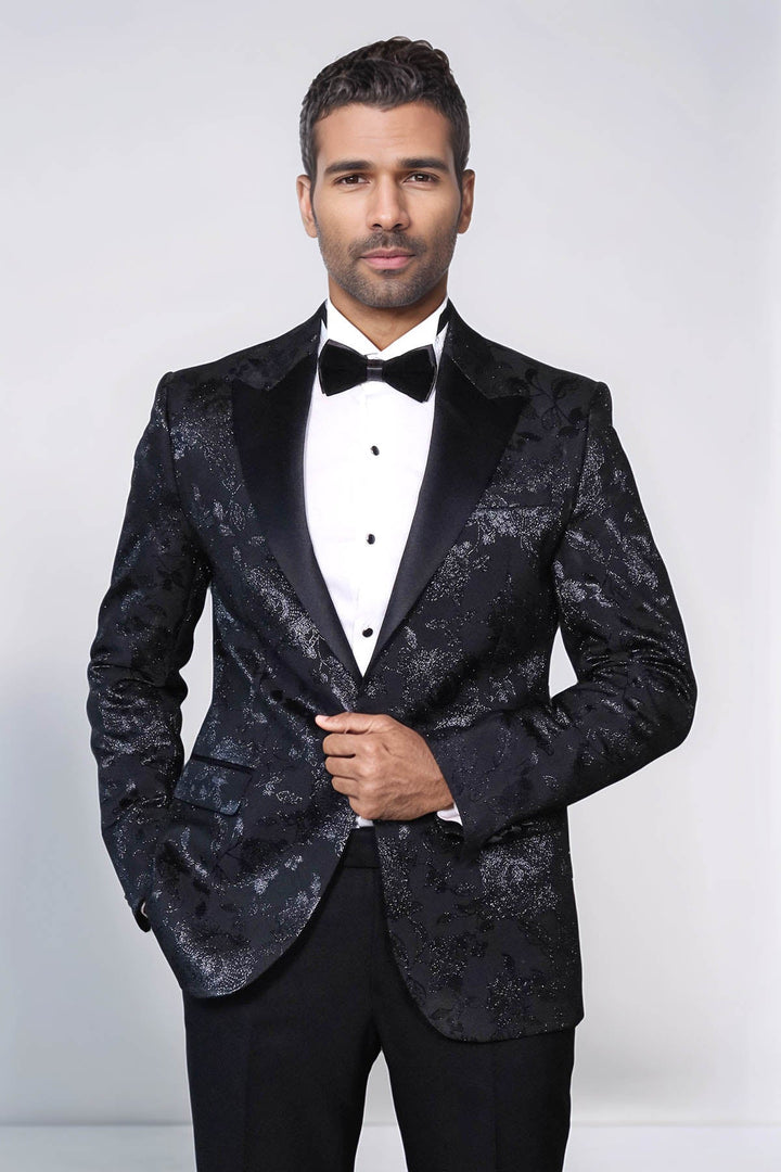 WSS Floral Patterned Shiny Peak Lapel Black Men Dinner Jacket   - Virginia Beach