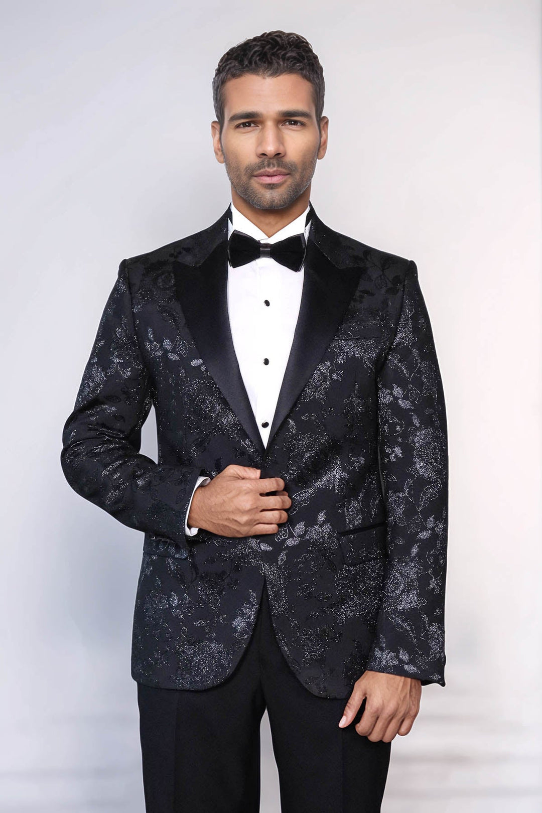 WSS Floral Patterned Shiny Peak Lapel Black Men Dinner Jacket   - Virginia Beach