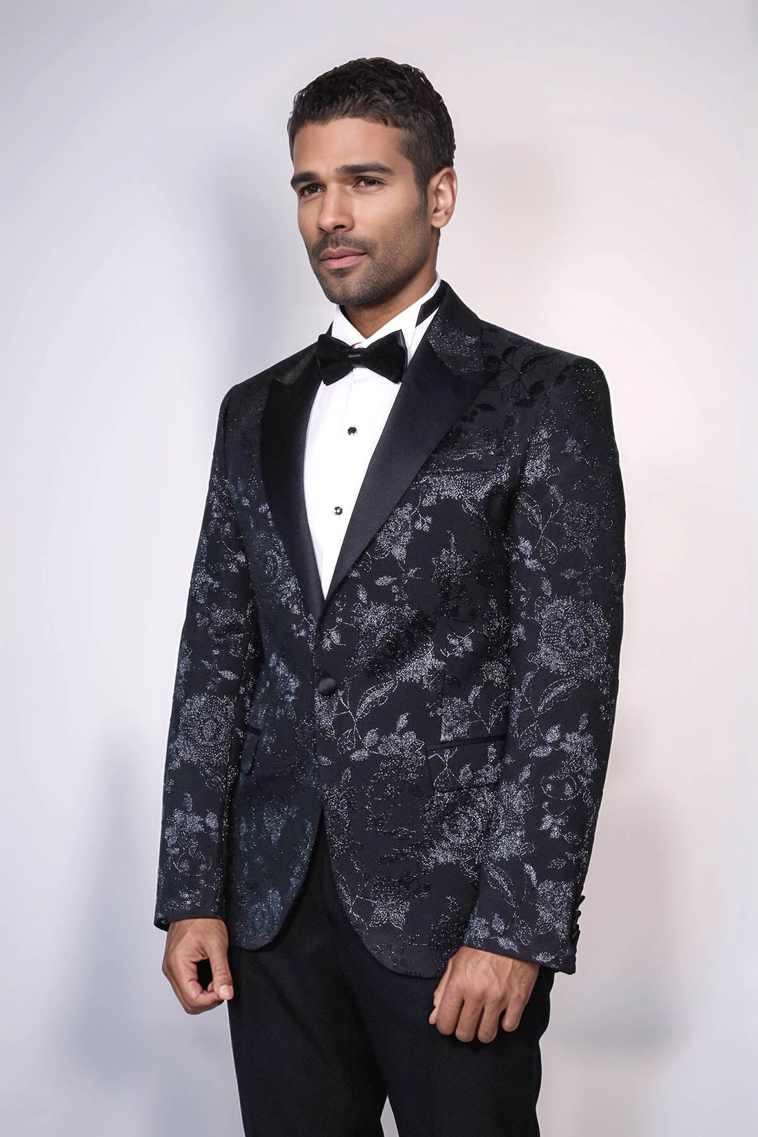 WSS Floral Patterned Shiny Peak Lapel Black Men Dinner Jacket   - Virginia Beach