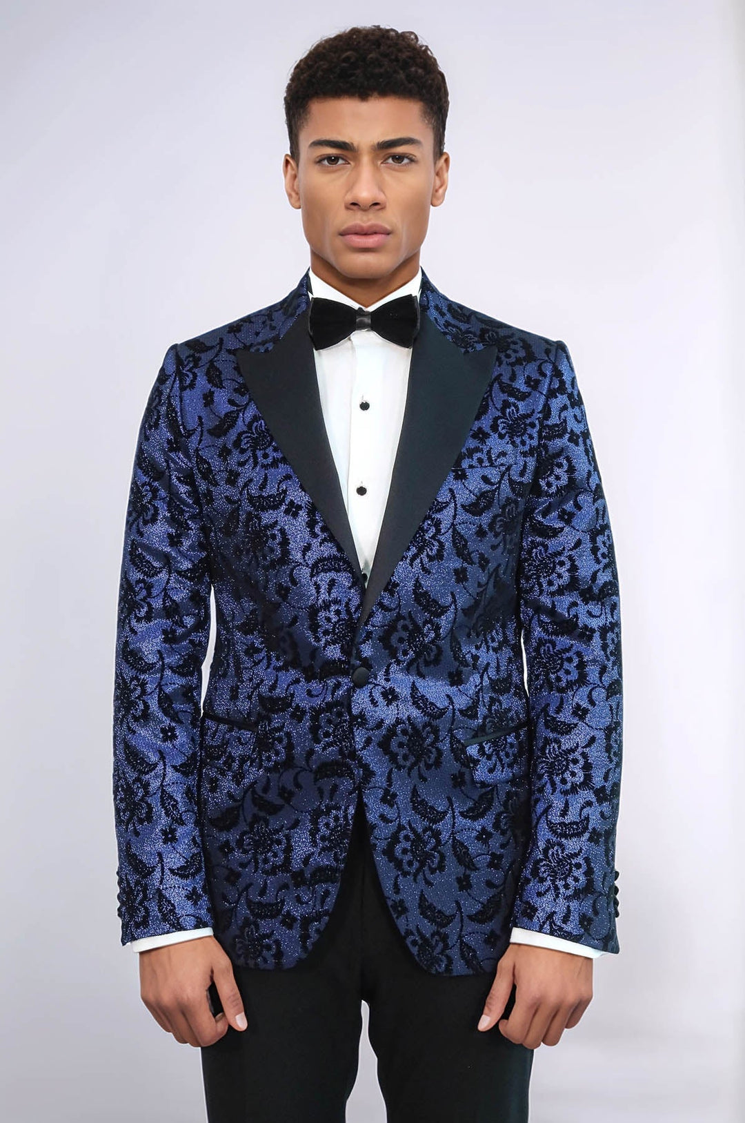 WSS Floral Patterned Peak Lapel Navy Blue Men Prom Blazer  - Trois-Rivières