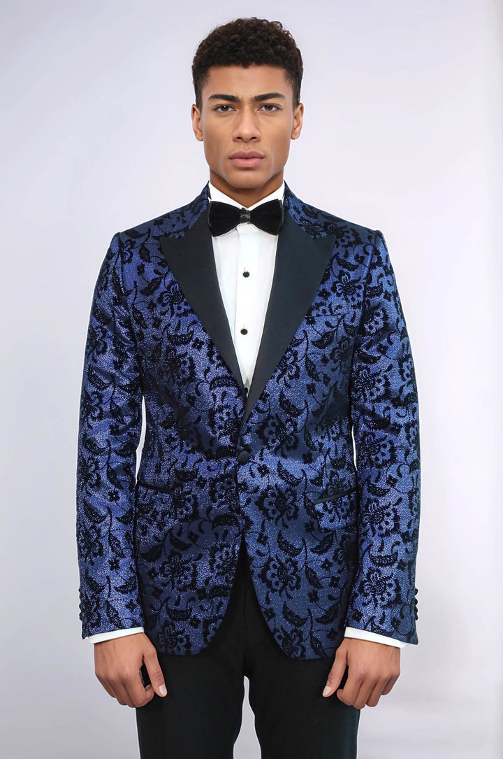 WSS Floral Patterned Peak Lapel Navy Blue Men Prom Blazer  - Trois-Rivières