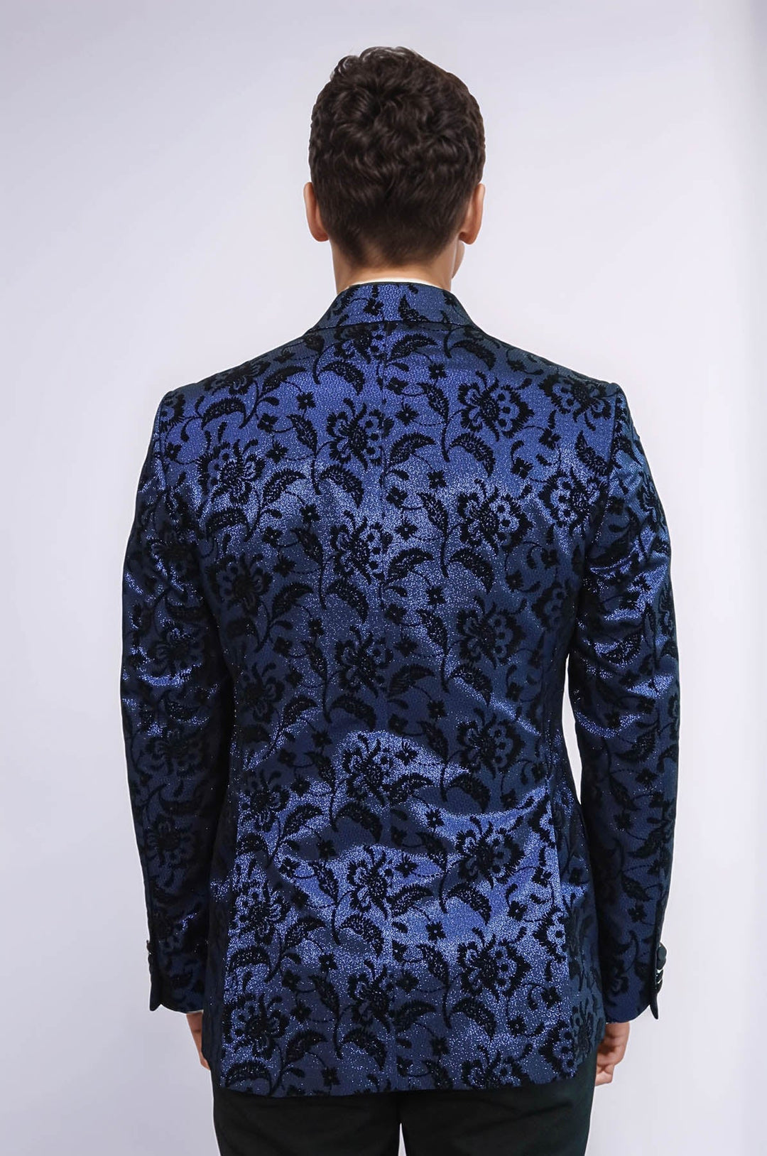 WSS Floral Patterned Peak Lapel Navy Blue Men Prom Blazer  - Trois-Rivières