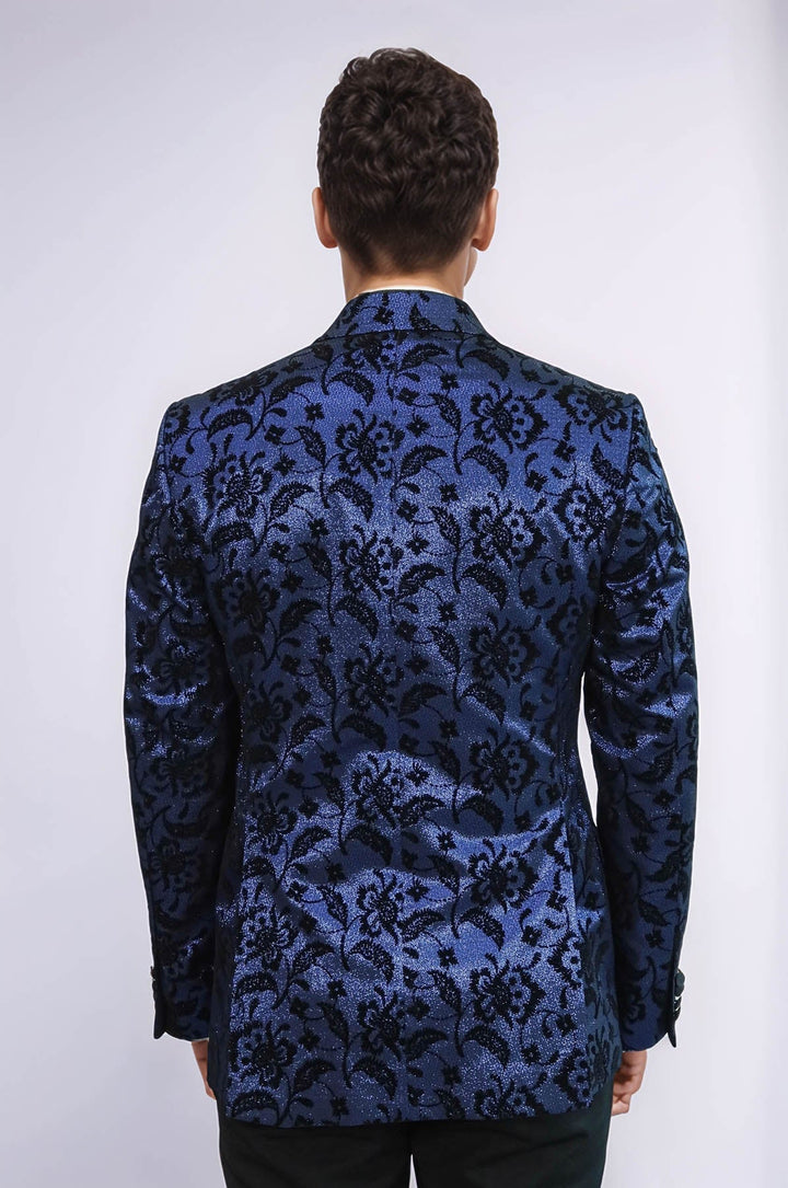 WSS Floral Patterned Peak Lapel Navy Blue Men Prom Blazer  - Trois-Rivières