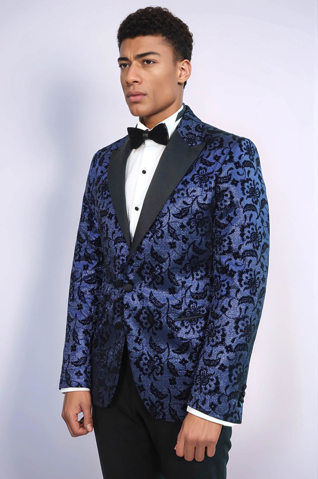 WSS Floral Patterned Peak Lapel Navy Blue Men Prom Blazer  - Trois-Rivières