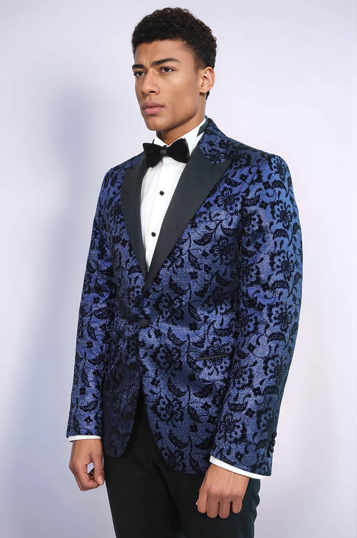 WSS Floral Patterned Peak Lapel Navy Blue Men Prom Blazer  - Trois-Rivières