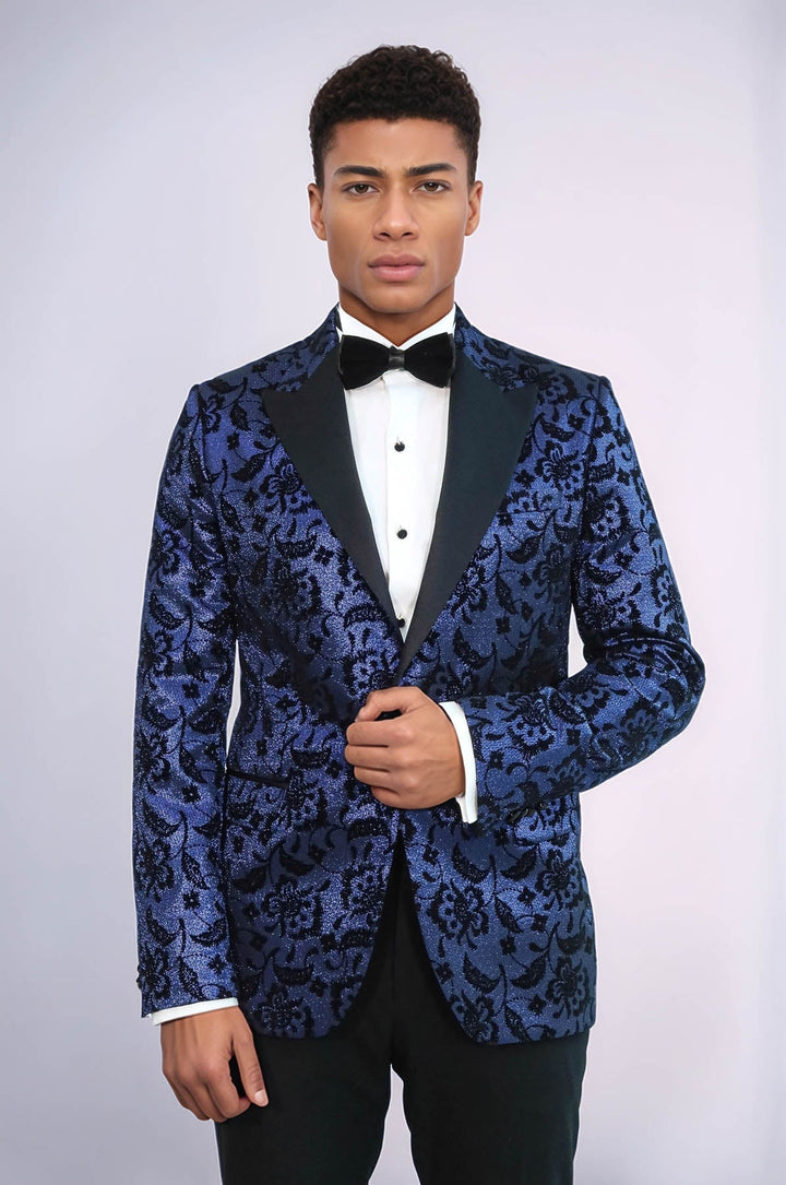 WSS Floral Patterned Peak Lapel Navy Blue Men Prom Blazer  - Trois-Rivières