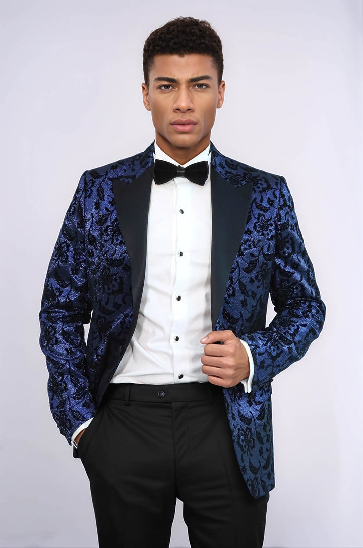WSS Floral Patterned Peak Lapel Navy Blue Men Prom Blazer  - Trois-Rivières
