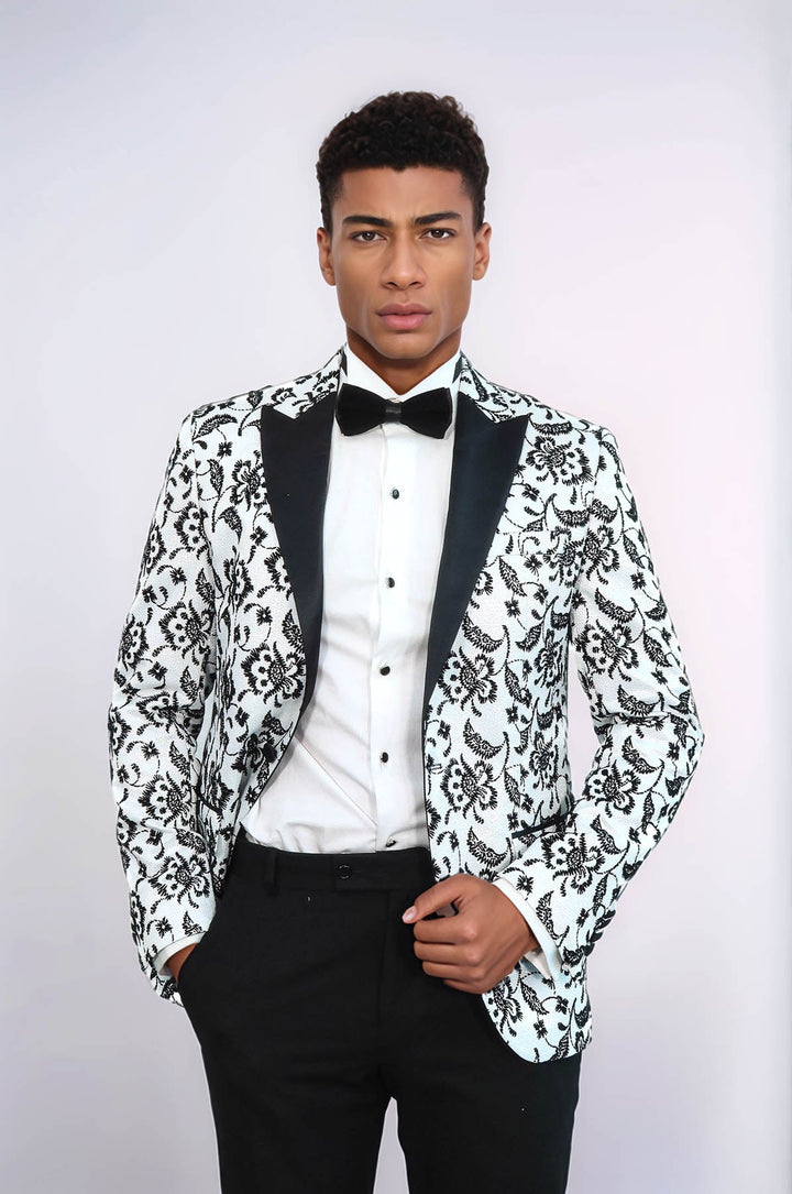 WSS Floral Patterned Peak Lapel White Men  Wedding Tuxedo Blazer  - Paris