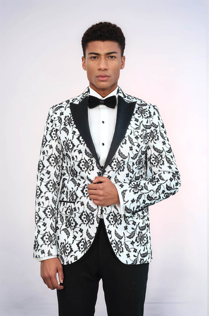 WSS Floral Patterned Peak Lapel White Men  Wedding Tuxedo Blazer  - Paris