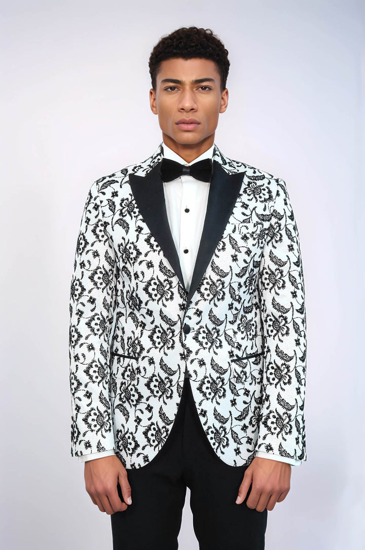 WSS Floral Patterned Peak Lapel White Men  Wedding Tuxedo Blazer  - Paris