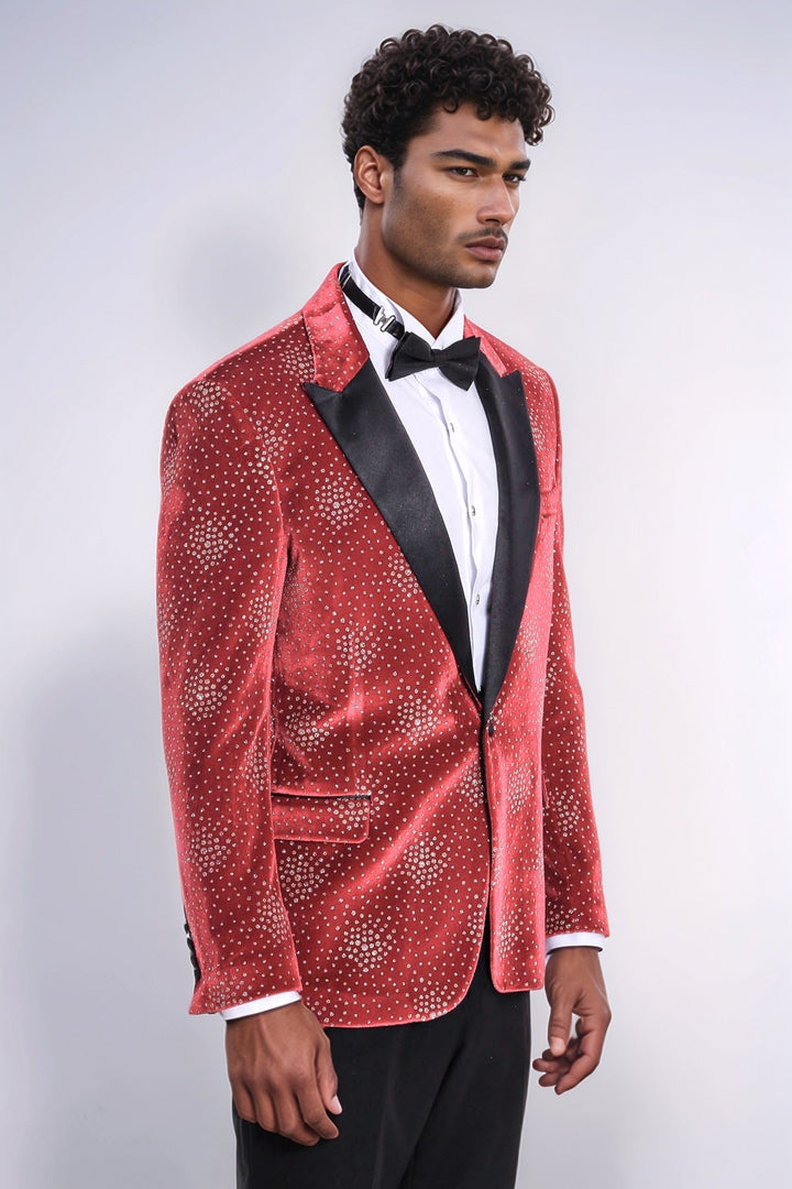 WSS Dot Patterned Peak Lapel Burgundy Men Singer Tuxedo Blazer  - Tepatitlán de Morelos