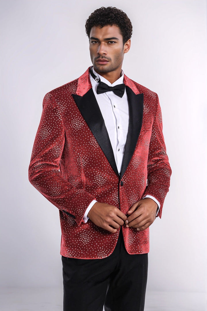 WSS Dot Patterned Peak Lapel Burgundy Men Singer Tuxedo Blazer  - Tepatitlán de Morelos