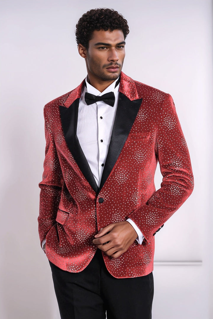 WSS Dot Patterned Peak Lapel Burgundy Men Singer Tuxedo Blazer  - Tepatitlán de Morelos