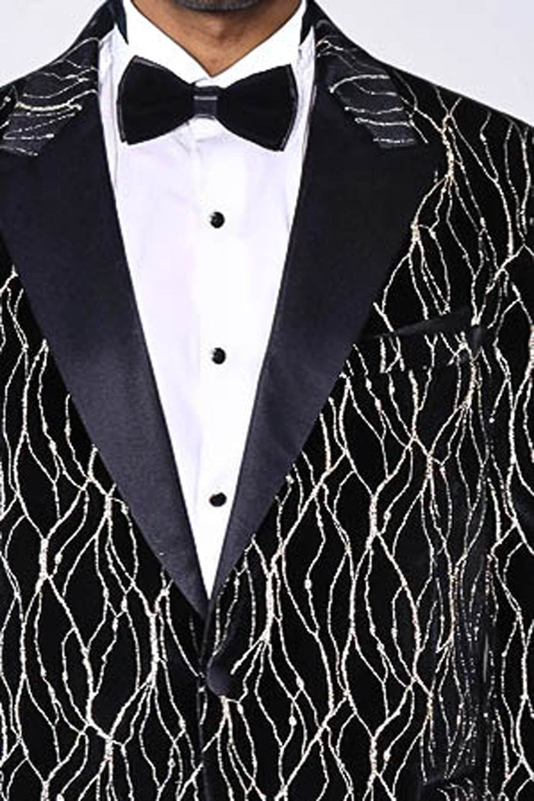 WSS Gold Patterned Over Black Velvet Men Evening Tuxedo Blazer  - Cincinnati