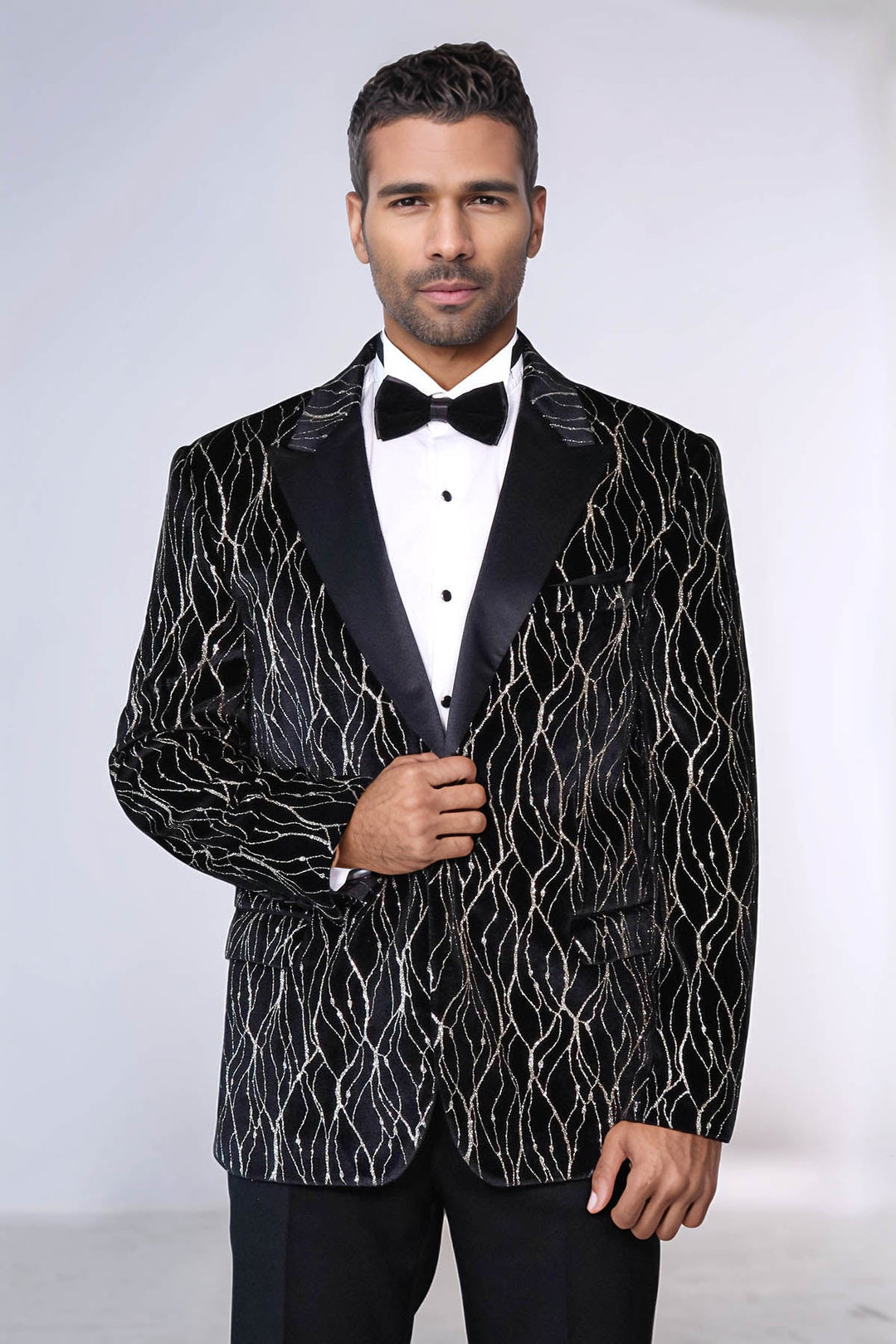 WSS Gold Patterned Over Black Velvet Men Evening Tuxedo Blazer  - Cincinnati