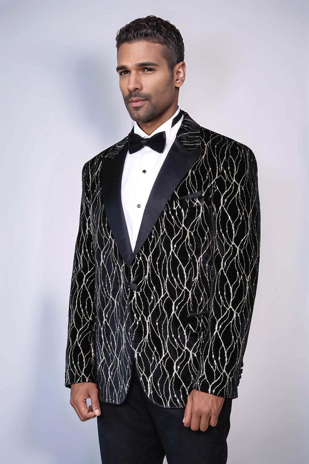 WSS Gold Patterned Over Black Velvet Men Evening Tuxedo Blazer  - Cincinnati