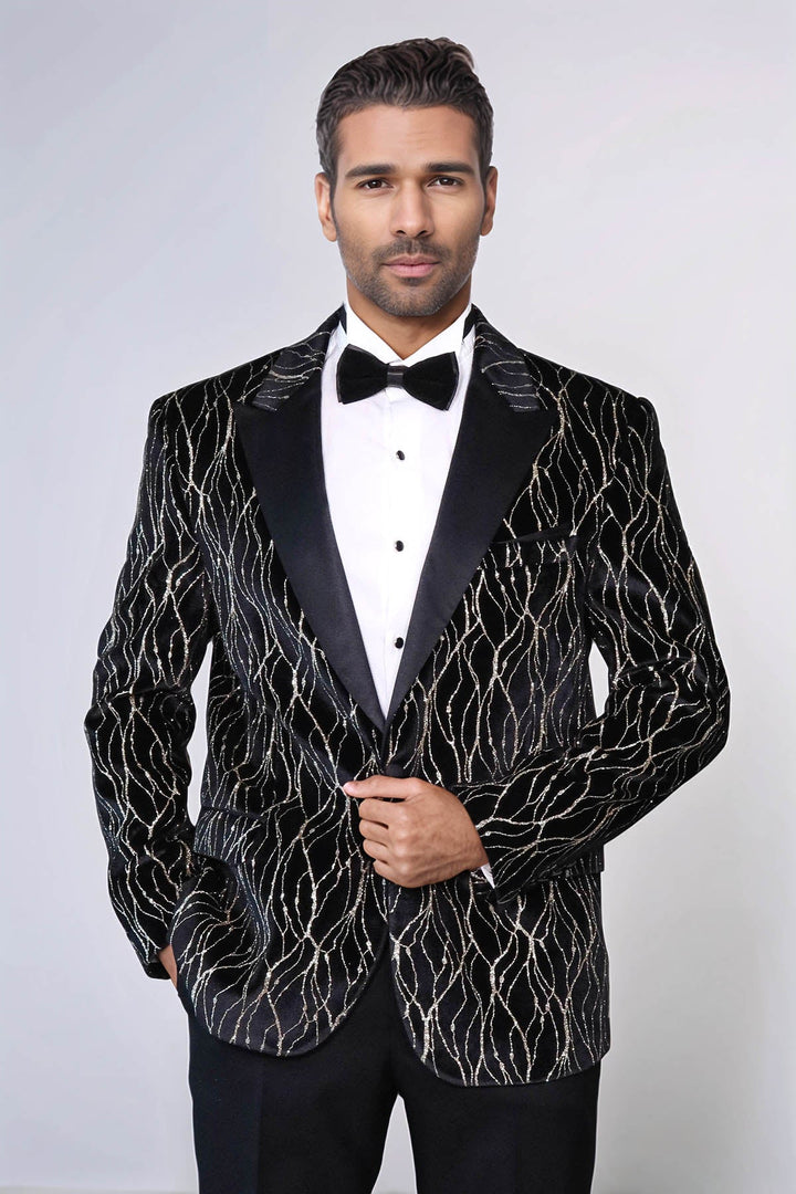 WSS Gold Patterned Over Black Velvet Men Evening Tuxedo Blazer  - Cincinnati
