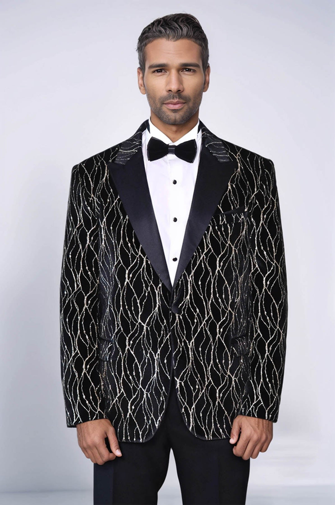 WSS Gold Patterned Over Black Velvet Men Evening Tuxedo Blazer  - Cincinnati