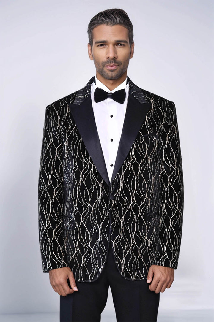 WSS Gold Patterned Over Black Velvet Men Evening Tuxedo Blazer  - Cincinnati