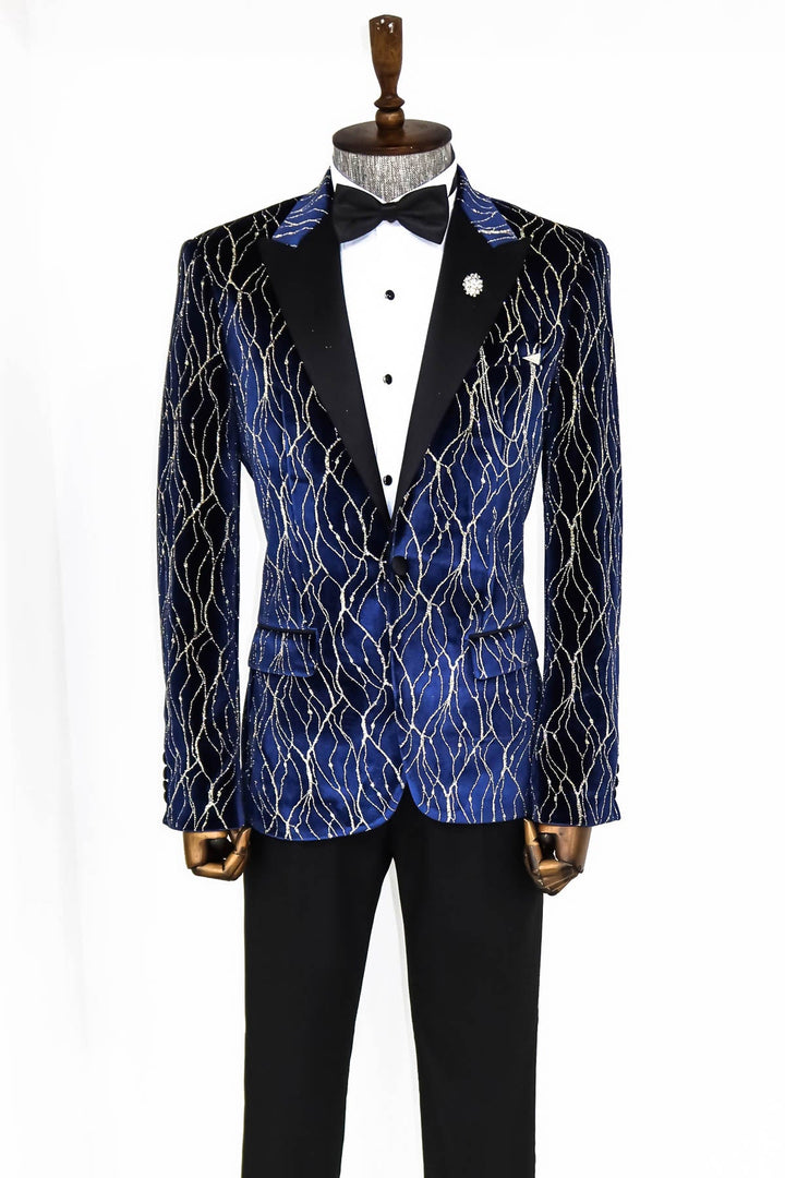 WSS Gold Patterned Navy Blue Men Prom Blazer  - Singen